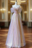 A-Line Pink Tulle Sequins Off the Shoulder Formal Prom Dresses