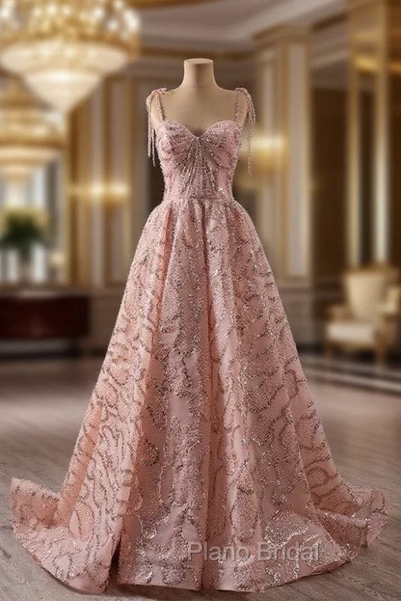 A-line Pink Tulle Sequins Spaghetti Straps Formal Prom Dresses