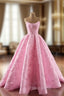 A-Line Pink Tulle Sequins Strapless Formal Prom Dresses
