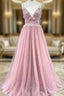 A-Line Pink Tulle Spaghetti Straps Backless Beading Formal Prom Dresses