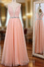 A-Line Pink Tulle Spaghetti Straps Beaded Floor Length Formal Prom Dresses