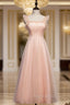A-Line Pink Tulle Straps Ankle Length Formal Prom Dresses