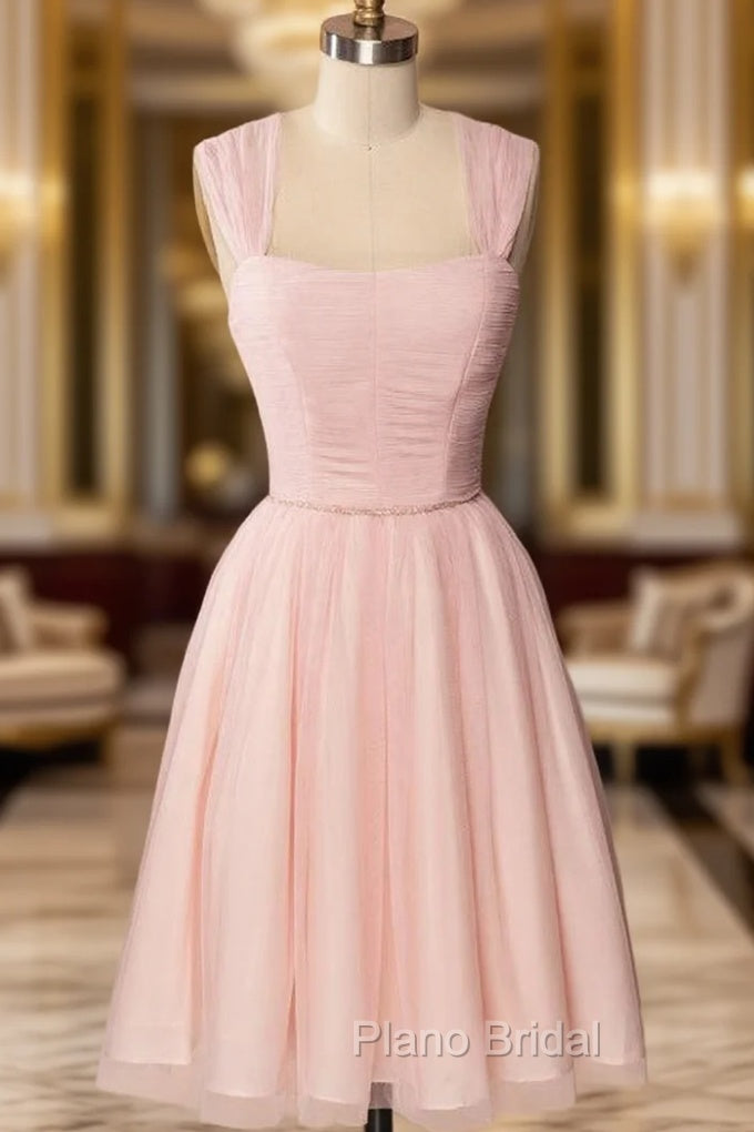 A-Line Pink Tulle Straps Pleats Beading Homecoming Dresses Main image