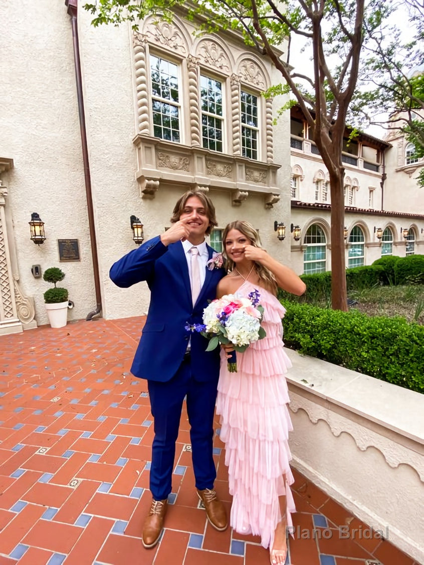 A-line Pink Tulle Tiered Long Prom Dress , Unique Prom Dress Main image