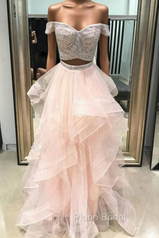 A-Line Pink Tulle Two Piece Off the Shoulder Long Formal Prom Dresses Main image