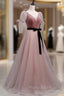 A-Line Pink Tulle Velvet Long Formal Prom Dresses, Pink Formal Dresses