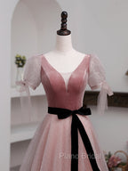 A-Line Pink Tulle Velvet Long Formal Prom Dresses, Pink Formal Dresses