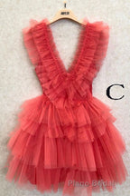A Line Pink V Neck Tiered Homecoming Dresses,Tulle Short Formal Prom Party Dresses