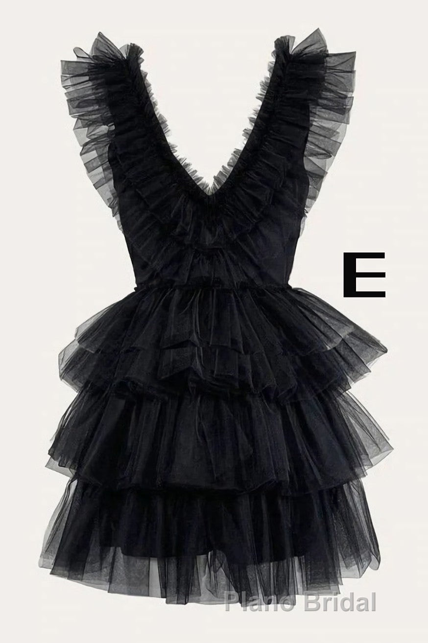 A Line Pink V Neck Tiered Homecoming Dresses,Tulle Short Formal Prom Party Dresses