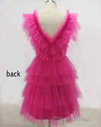 A Line Pink V Neck Tiered Homecoming Dresses,Tulle Short Formal Prom Party Dresses