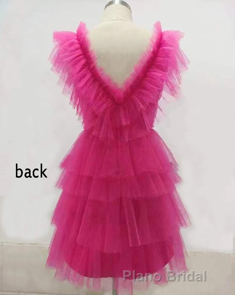 A Line Pink V Neck Tiered Homecoming Dresses,Tulle Short Formal Prom Party Dresses