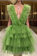 A Line Pink V Neck Tiered Homecoming Dresses,Tulle Short Formal Prom Party Dresses