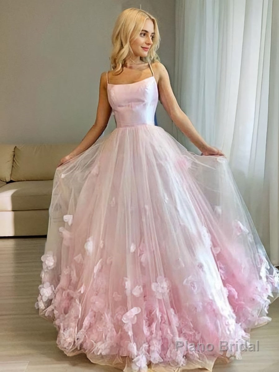 A-Line/Princess Bateau Floor-Length Tulle Prom Dresses With Flower Main image