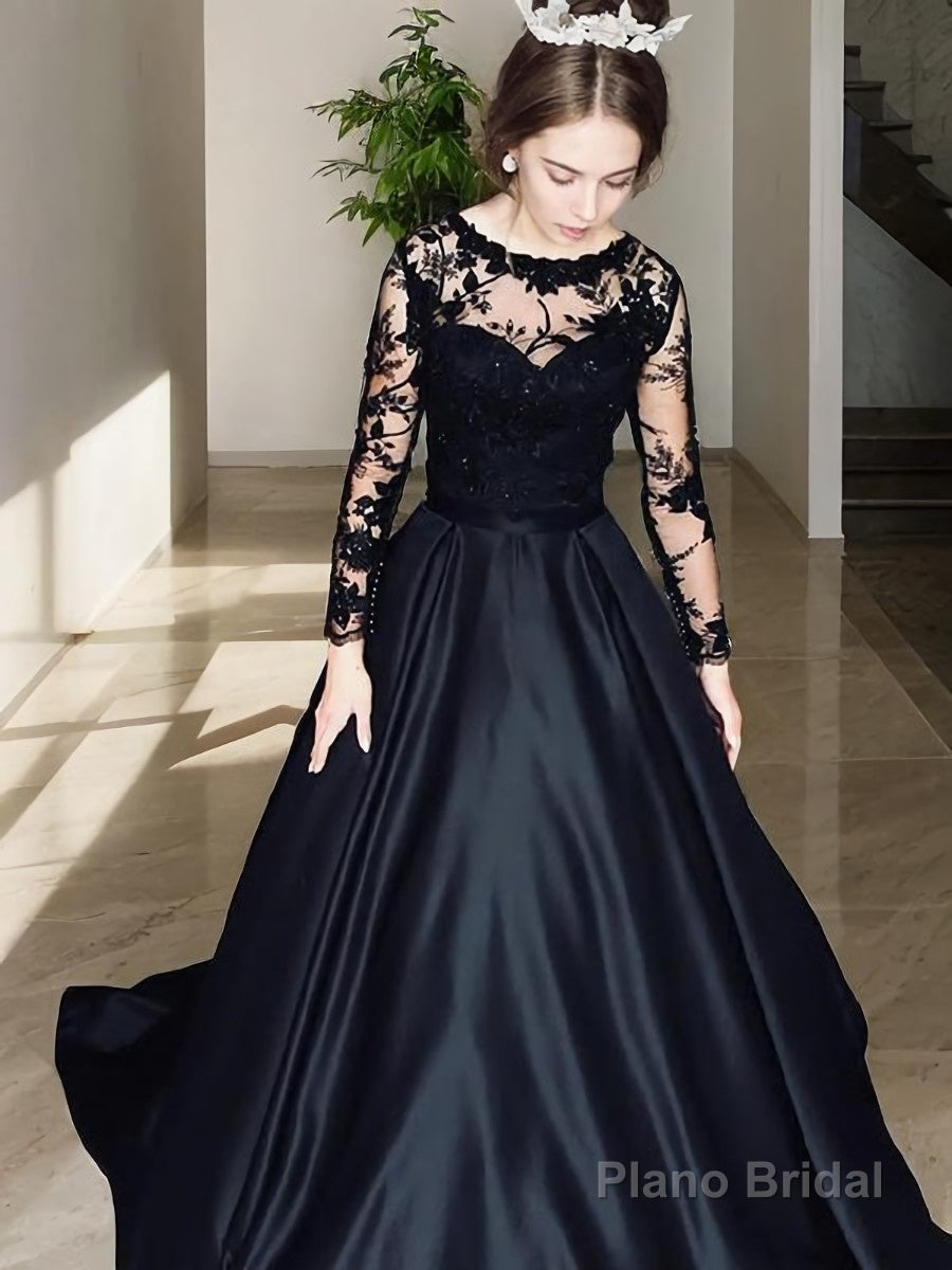 A-Line/Princess Bateau Sweep Train Satin Evening Dresses With Pockets Main image