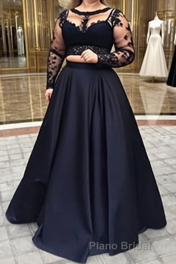 A-Line/Princess Full/Long Sleeve Bateau Long/Floor-Length Satin Formal Prom Dress With Appliqued Main image