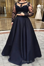 A-Line/Princess Full/Long Sleeve Bateau Long/Floor-Length Satin Formal Prom Dress With Appliqued