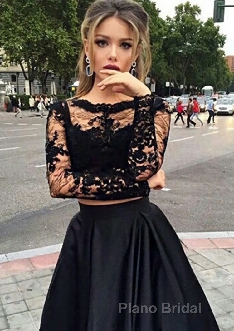 A-Line/Princess Full/Long Sleeve Bateau Long/Floor-Length Satin Formal Prom Dress With Appliqued