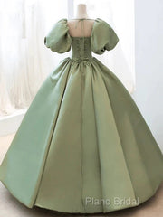 A-Line Princess Green Satin Puffy Sleeves Long Formal Dresses Satin Formal Prom Dresses Party Dresses