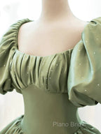 A-Line Princess Green Satin Puffy Sleeves Long Formal Dresses Satin Formal Prom Dresses Party Dresses