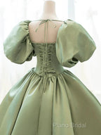 A-Line Princess Green Satin Puffy Sleeves Long Formal Dresses Satin Formal Prom Dresses Party Dresses