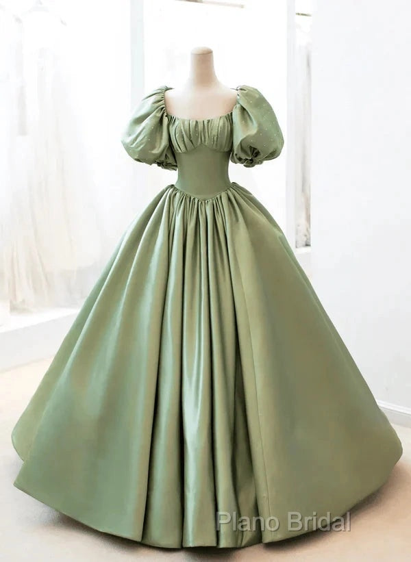 A-Line Princess Green Satin Puffy Sleeves Long Formal Dresses Satin Formal Prom Dresses Party Dresses