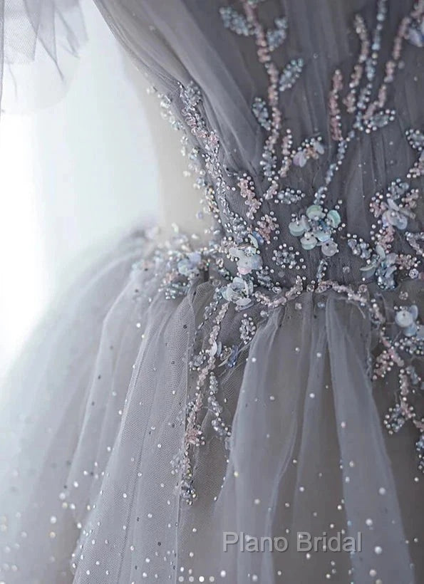 A-Line Princess Grey Beaded Layers Glitter Tulle Long Formal Dresses Off Shoulder Formal Prom Dresses Secondary image