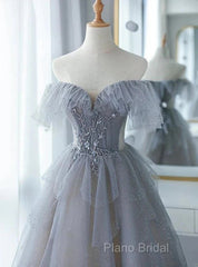 A-Line Princess Grey Beaded Layers Glitter Tulle Long Formal Dresses Off Shoulder Formal Prom Dresses