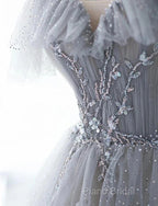 A-Line Princess Grey Beaded Layers Glitter Tulle Long Formal Dresses Off Shoulder Formal Prom Dresses