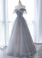 A-Line Princess Grey Beaded Layers Glitter Tulle Long Formal Dresses Off Shoulder Formal Prom Dresses