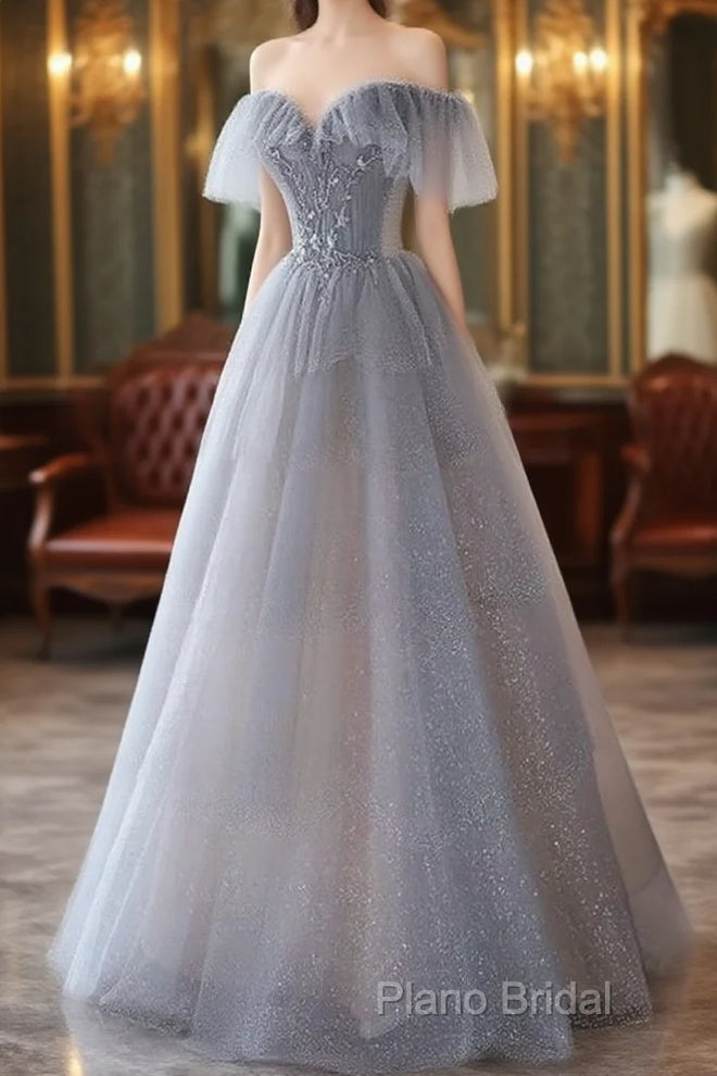 A-Line Princess Grey Beaded Layers Glitter Tulle Long Formal Dresses Off Shoulder Formal Prom Dresses Main image