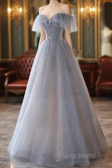 A-Line Princess Grey Beaded Layers Glitter Tulle Long Formal Dresses Off Shoulder Formal Prom Dresses