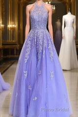 A-Line/Princess Halter Floor-Length Tulle Evening Dresses With Appliques Lace