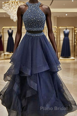 A-Line/Princess Halter Floor-Length Tulle Formal Prom Dresses
