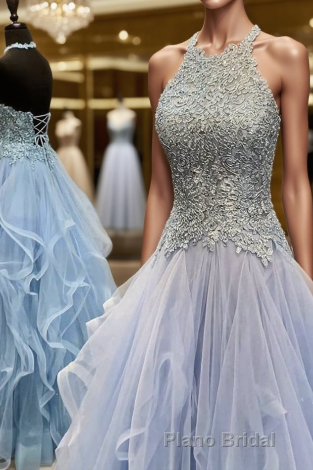A-Line/Princess Halter Floor-Length Tulle Formal Prom Dresses With Appliques Lace
