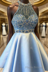 A-Line/Princess Halter Short/Mini Satin Homecoming Dresses With Beading