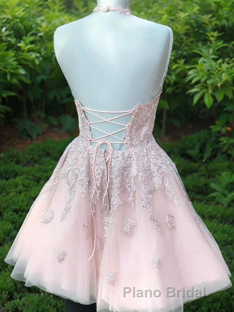 A-Line/Princess Halter Short/Mini Tulle Homecoming Dresses With Appliques Lace Secondary image