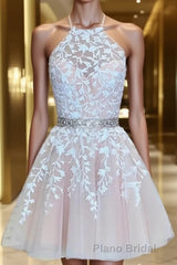 A-Line/Princess Halter Short/Mini Tulle Homecoming Dresses With Appliques Lace