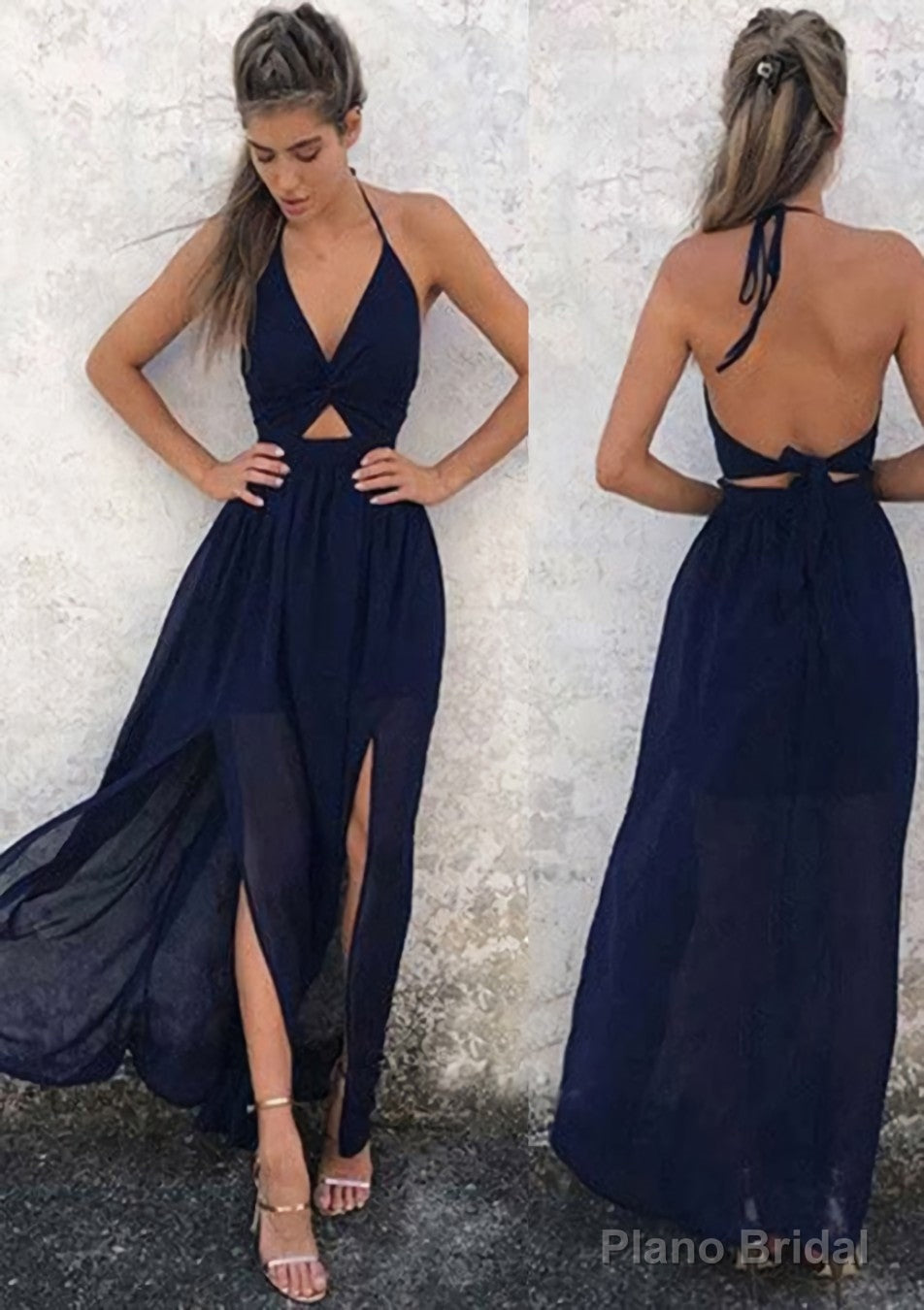 A-line/Princess Halter Sleeveless Ankle-Length Chiffon Prom Dresses With Split Main image