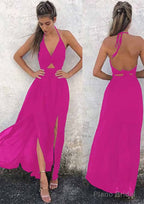 A-line/Princess Halter Sleeveless Ankle-Length Chiffon Prom Dresses With Split