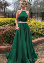 A-line/Princess High-Neck Sleeveless Sweep Train Satin Prom Dresses With Waistband Beading