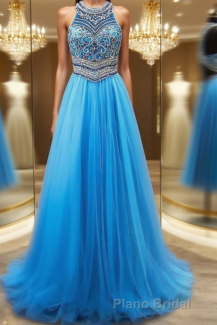 A-Line/Princess Jewel Sweep Train Tulle Evening Dresses With Beading Main image