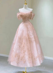 A-Line Princess Lovely Pink Tea Length Straps Tulle Formal Dresses Formal Prom Dresses