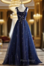 A-Line Princess Navy Blue Tulle Beaded V-neckline Party Dresses Shiny Tulle Formal Prom Dresses