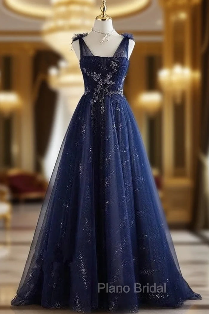 A-Line Princess Navy Blue Tulle Beaded V-neckline Party Dresses Shiny Tulle Formal Prom Dresses