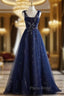 A-Line Princess Navy Blue Tulle Beaded V-neckline Party Dresses Shiny Tulle Formal Prom Dresses