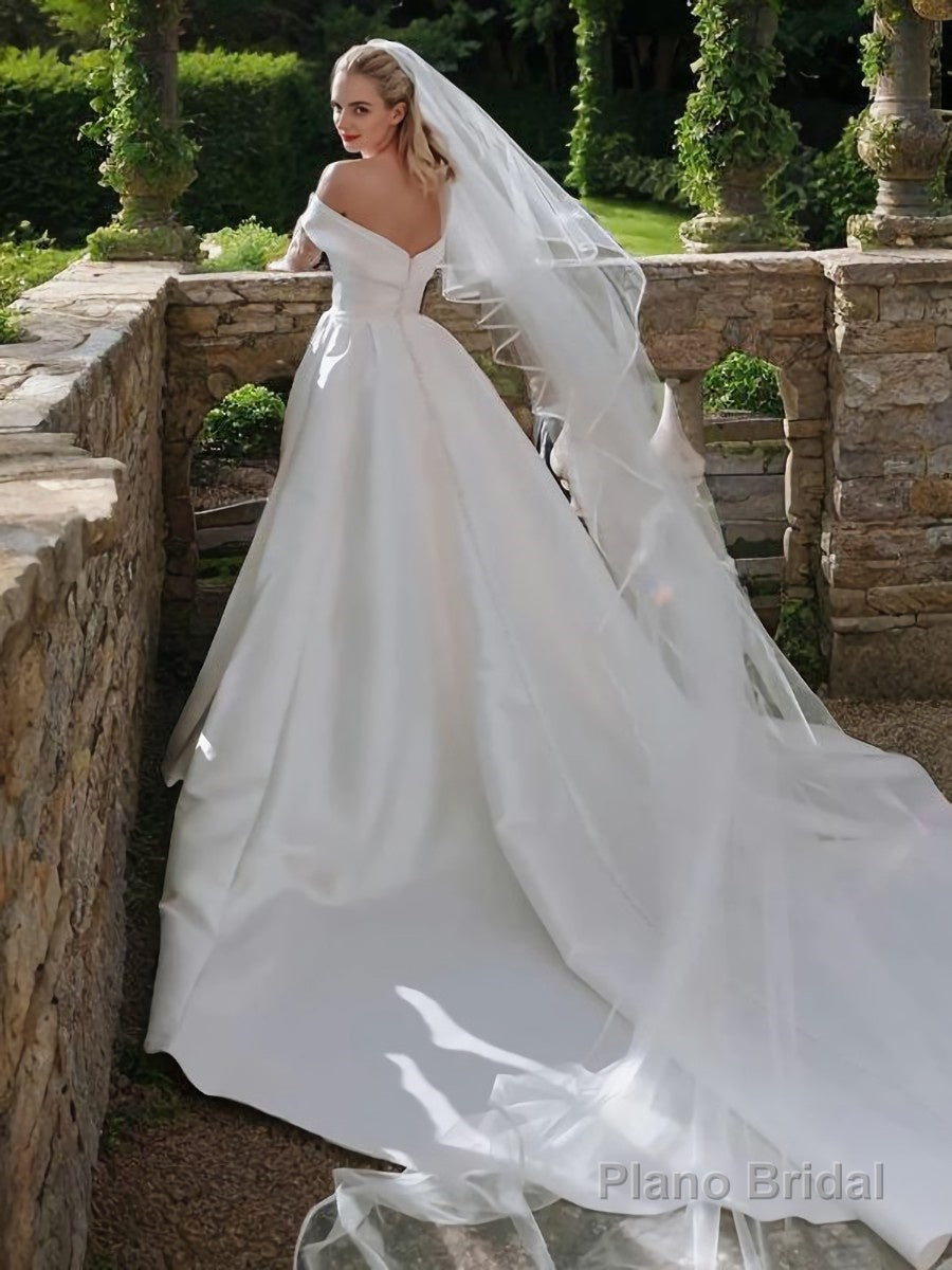 A-Line/Princess Off-the-Shoulder Cathedral Train Satin Wedding Dresses Secondary image