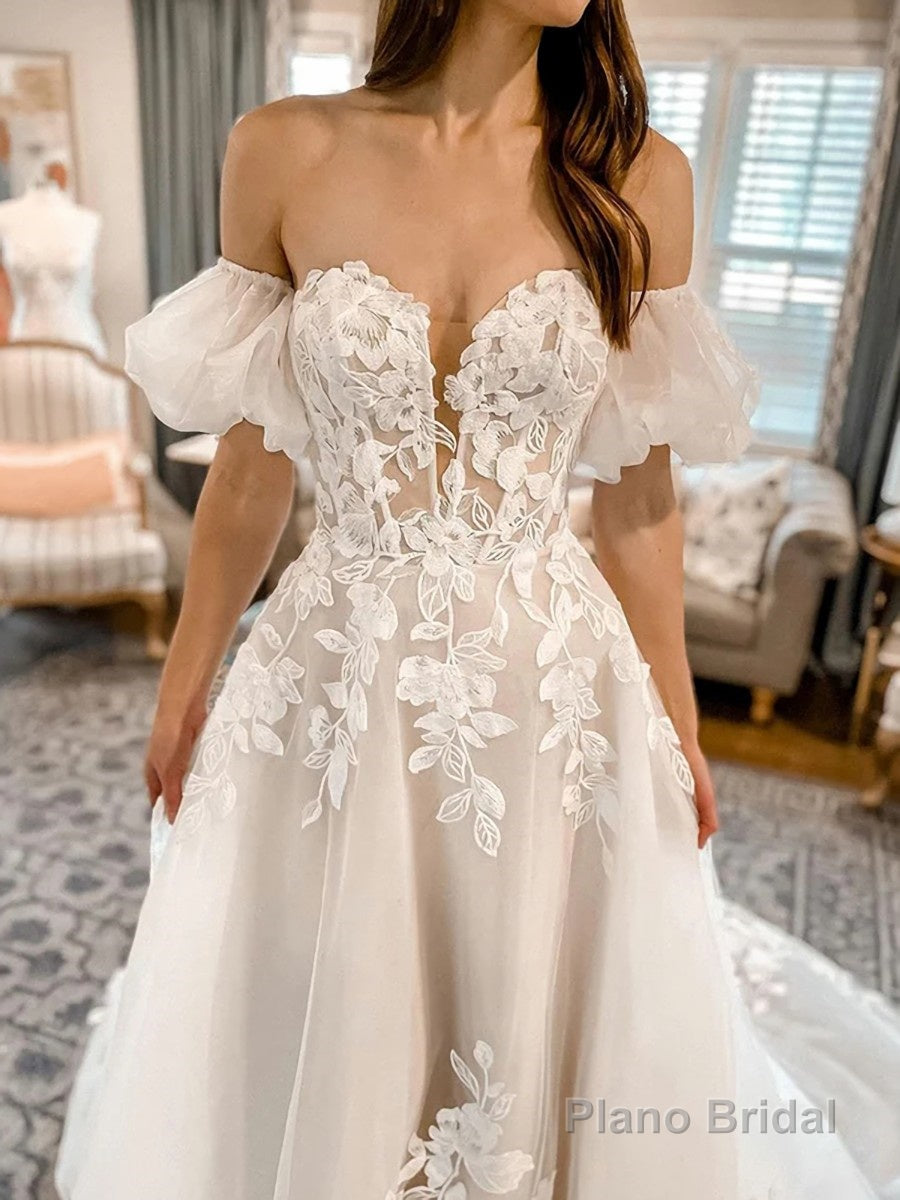 A-Line/Princess Off-the-Shoulder Chapel Train Tulle Wedding Dresses With Appliques Lace