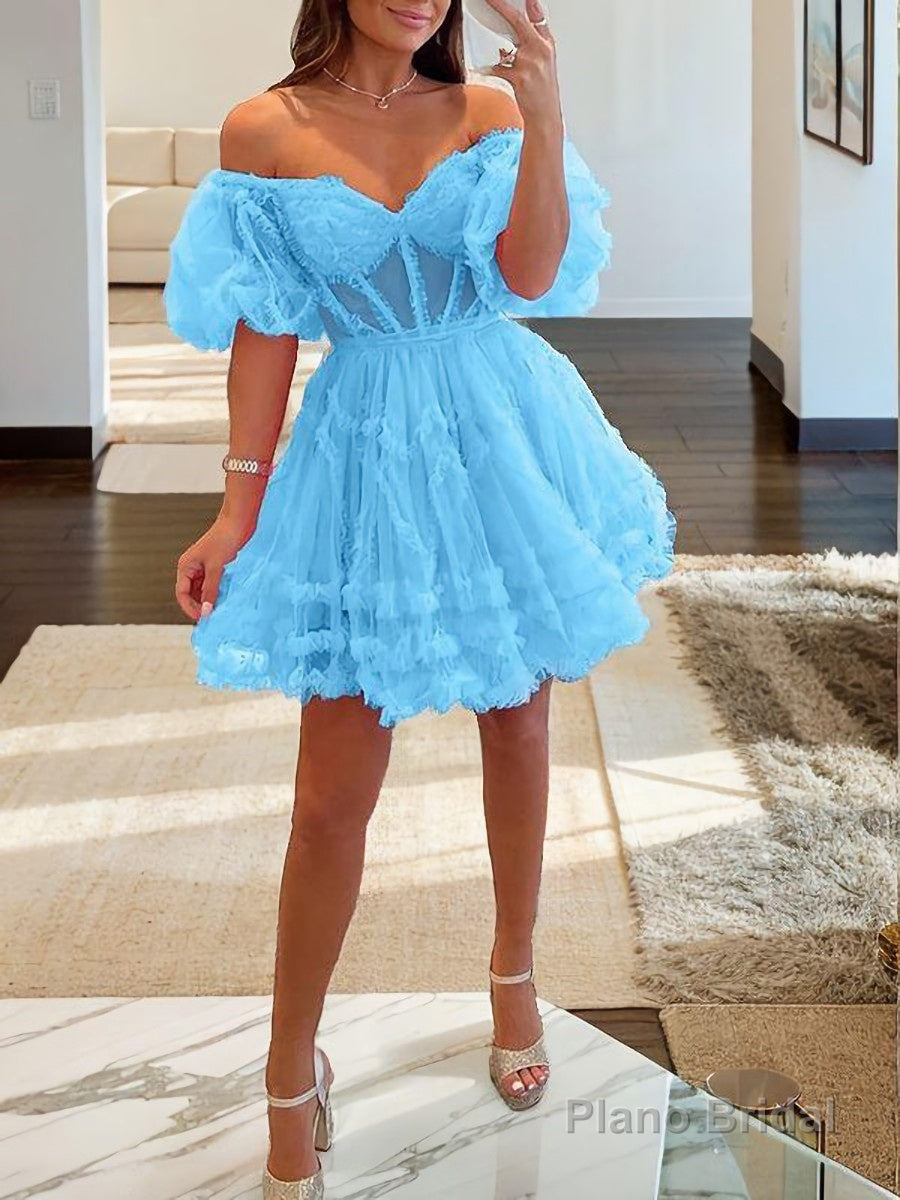 A-Line/Princess Off-the-Shoulder Corset Short/Mini Tulle Homecoming Dresses With Ruffles Secondary image