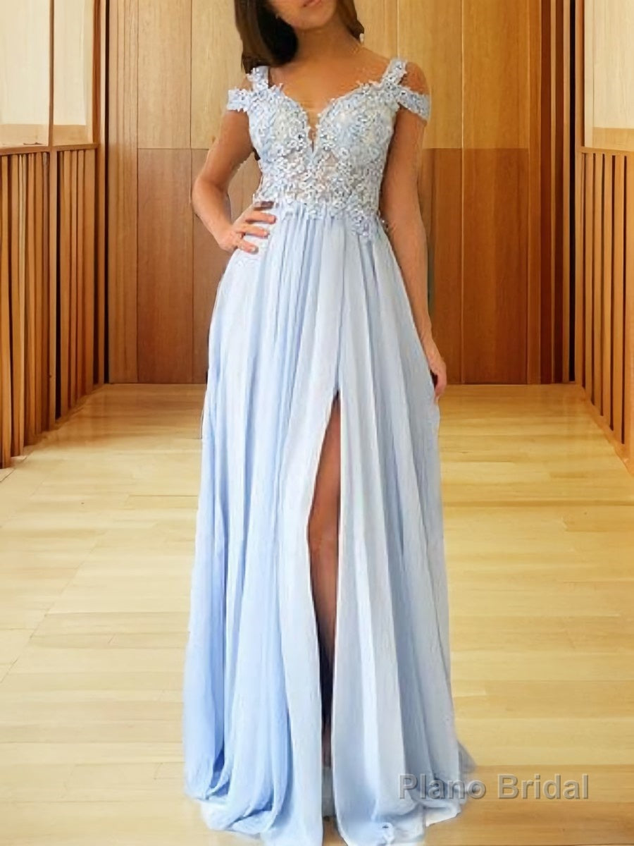 A-Line/Princess Off-the-Shoulder Floor-Length Chiffon Prom Dresses With Leg Slit Main image