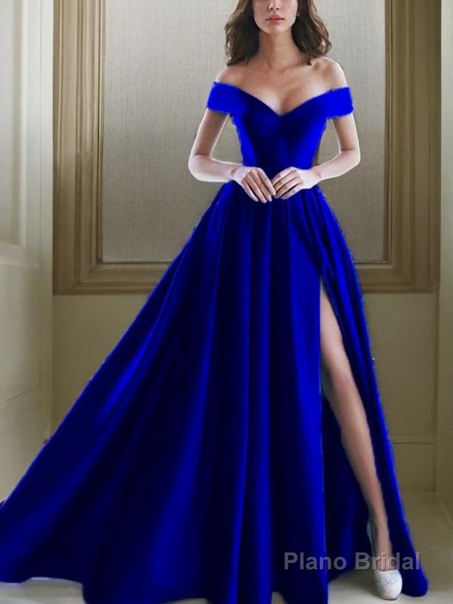 A-Line/Princess Off-the-Shoulder Floor-Length Satin Prom Dresses With Leg Slit Main image